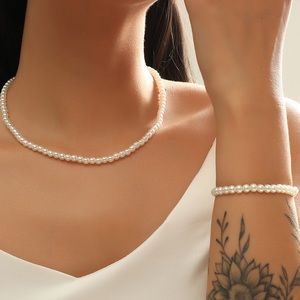 Simple Design Imitate Pearl Choker Bracelet Set